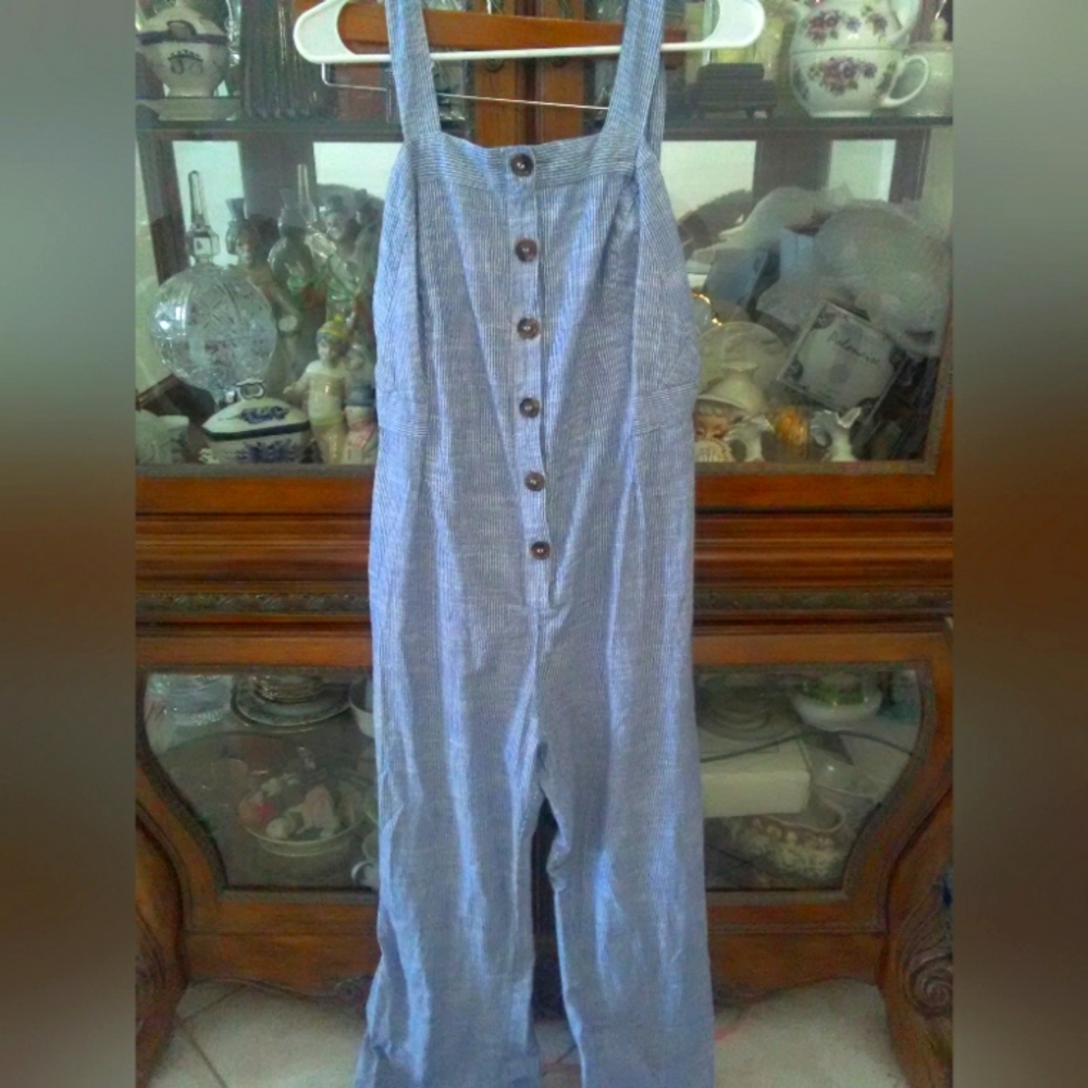BNWOT PIN STRIPED OVERALLS BY JAPNA SZ.L COTTON BUTTONS FRONT - Picture 1 of 9